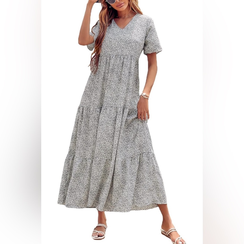 Floerns Women's Short Sleeve Boho Floral Dress A Line Smocked Midi Dress